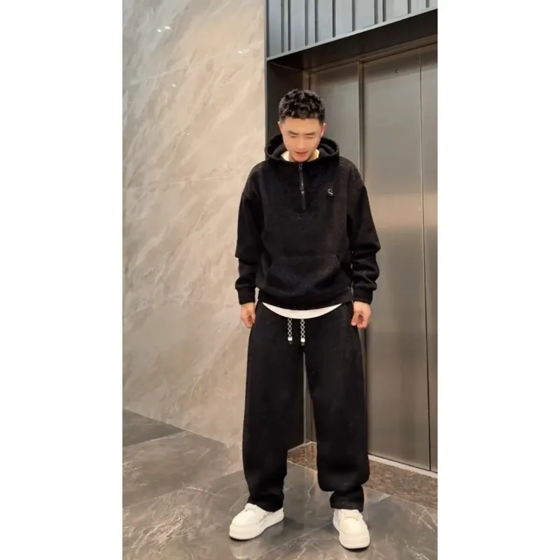 Semi-zipper Hooded Sweatshirt Straight-leg Pants Winter Fleece Thickened Diagonal Strip Casual Suit Men High-end Laid-back Style
