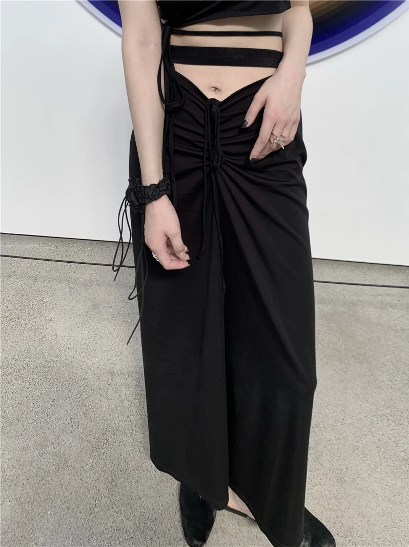 

MOONLET Unique Design Hollow out Dstring Waist High Waist Skirt for Women Belly Cotton Blend Midi Skirt