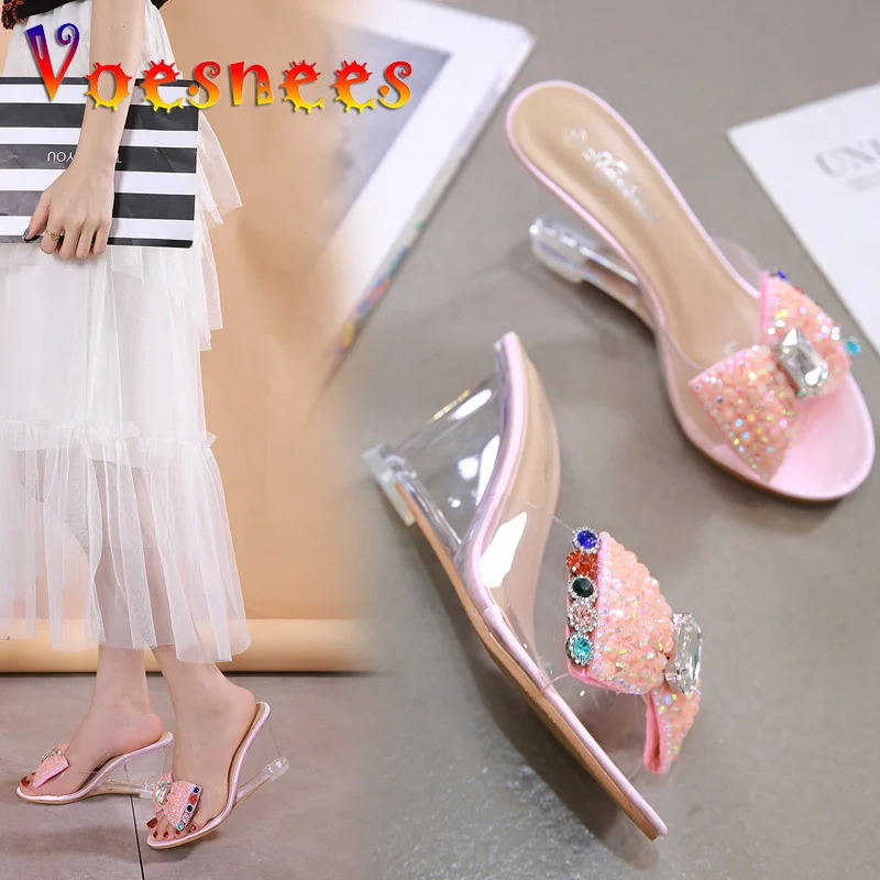 Diamonds Wedges Women Shoes Slope Heel Sandals Female Summer Sexy Crystal Transparent High-heeled Shoes Water Drill Slippers