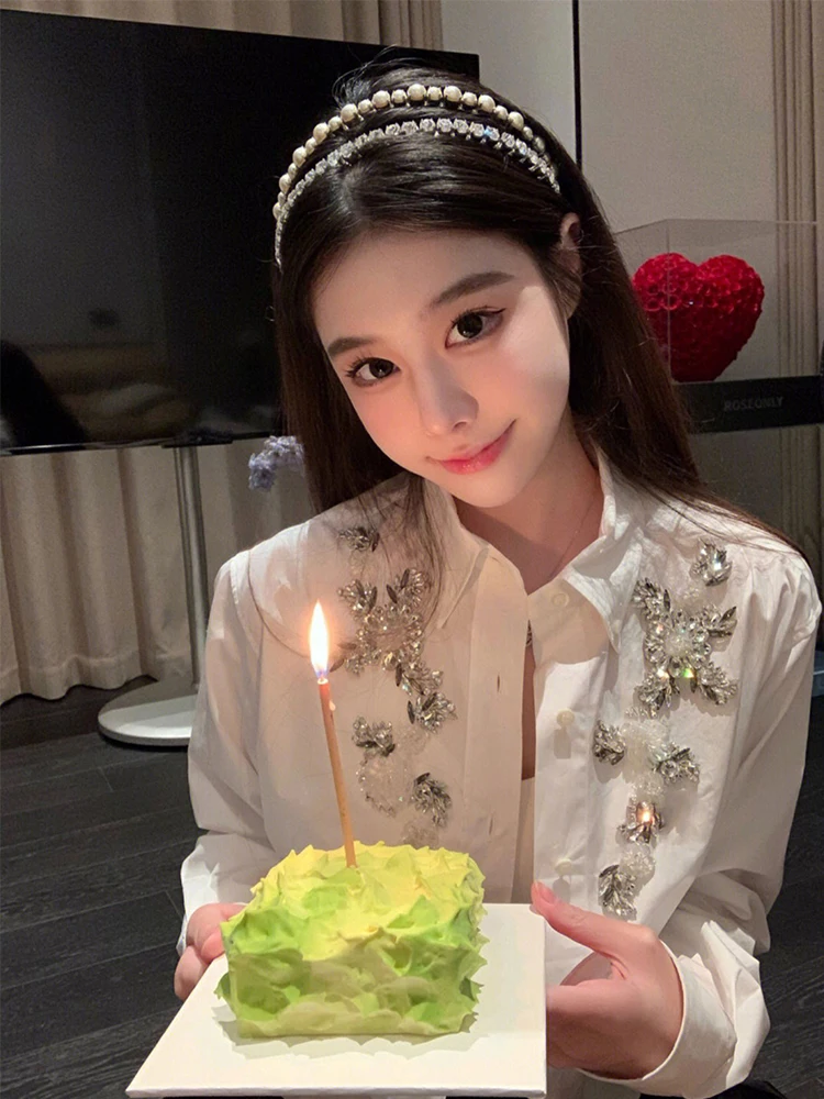 

Короткая белая приталенная рубашка с бисером для женщин, универсальная повседневная рубашка с бриллиантами для тяжелой промышленности