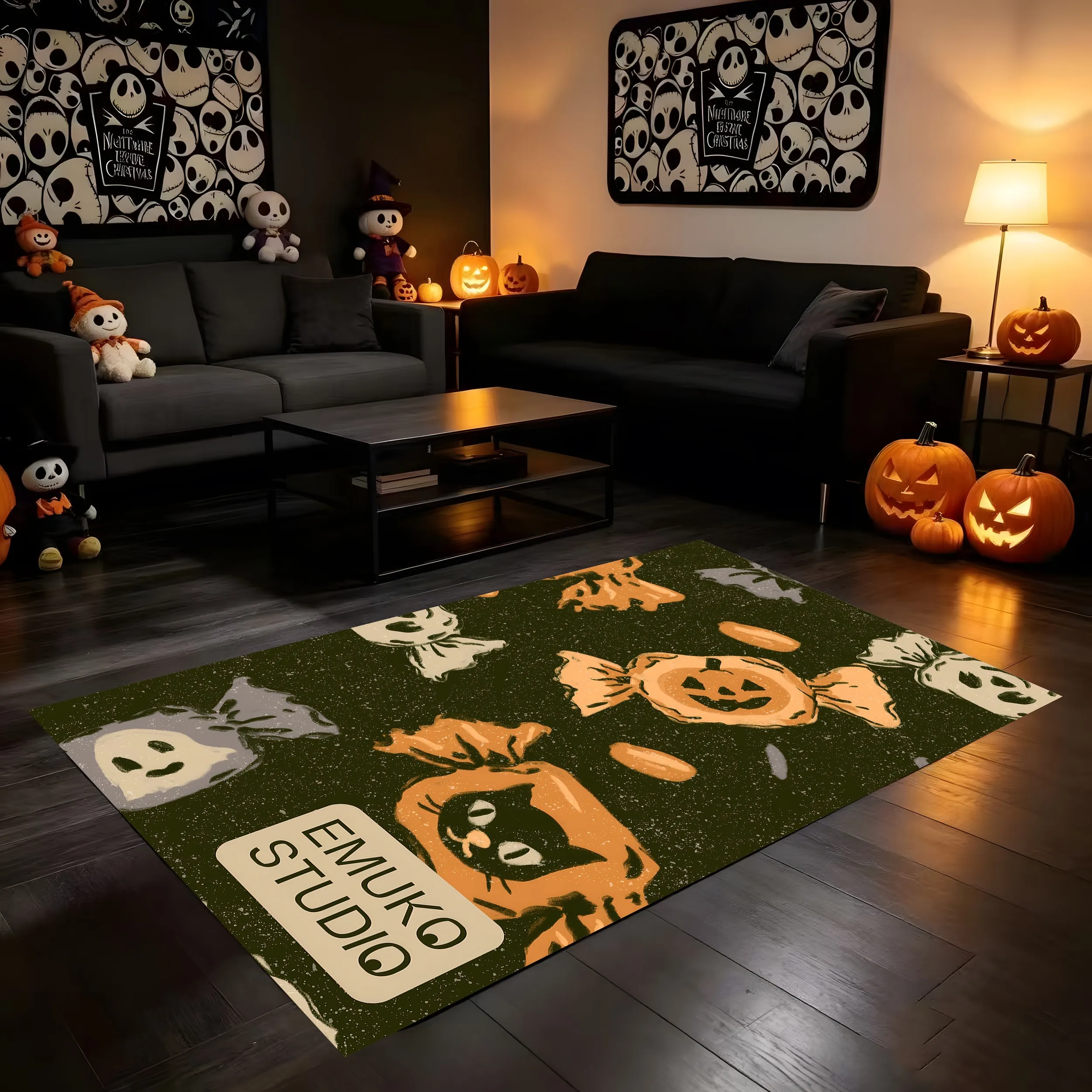 Velvet Halloween Ghost Face Candy Pattern Emuko Unique Playful 2D Rug, Suitable for Living Room, Bedroom, and Bedside, Perfect for Autumn and Winter Halloween
