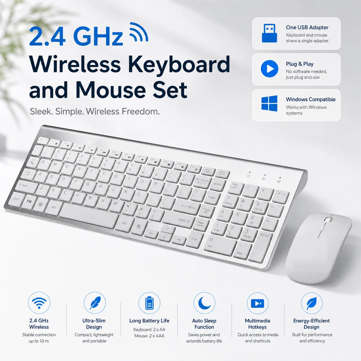 Ergonomic Ultra-Thin Low-Noise 2.4G Wireless Keyboard and Mouse Combo Wireless Mouse for Mac Pc Windows XP/7/10 Android Tv Box