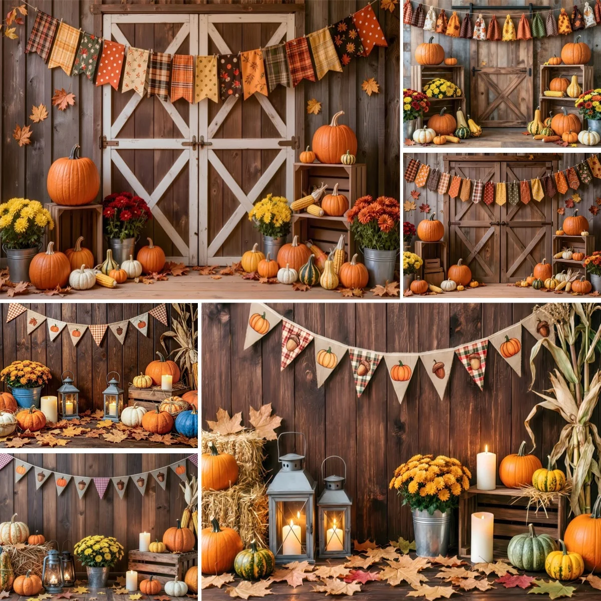 Autumn Thanksgiving Day Background Grey Wooden Board Yellow Maple Leaves Pumpkin Sunflower Adult Kids Portrait Photo Backdrop