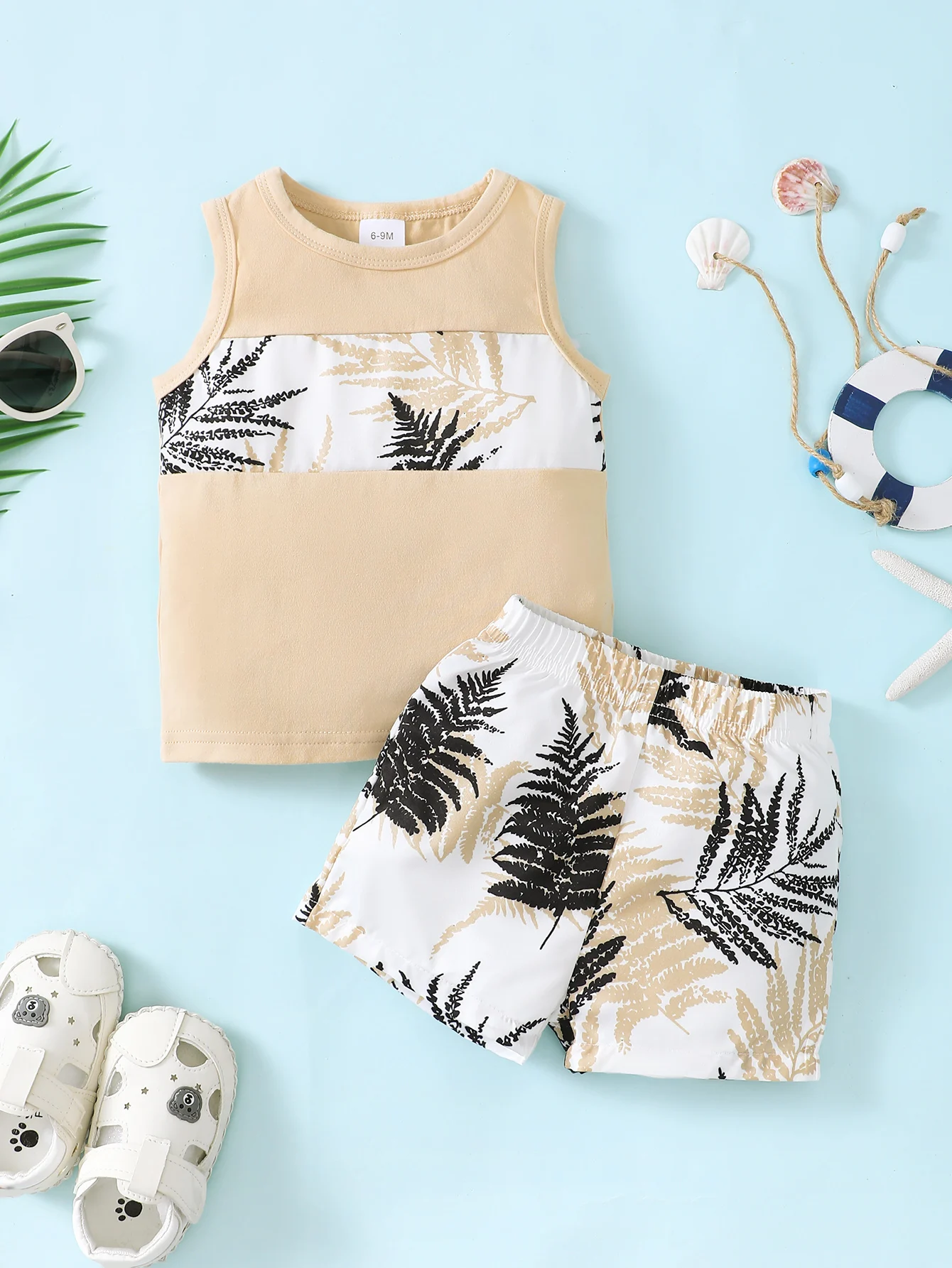 New Baby Boy Summer Vacation Round Neck Long Sleeved Solid Color Minimalist Top Paired With Coconut Tree Printed Shorts