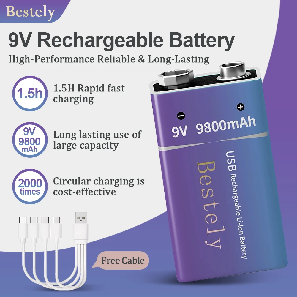 

Bestely New 9V 9800mAh Lithium-ion Rechargeable Battery with Charging Cable for Smoke Detector, Microphone, Alarm,Wireless