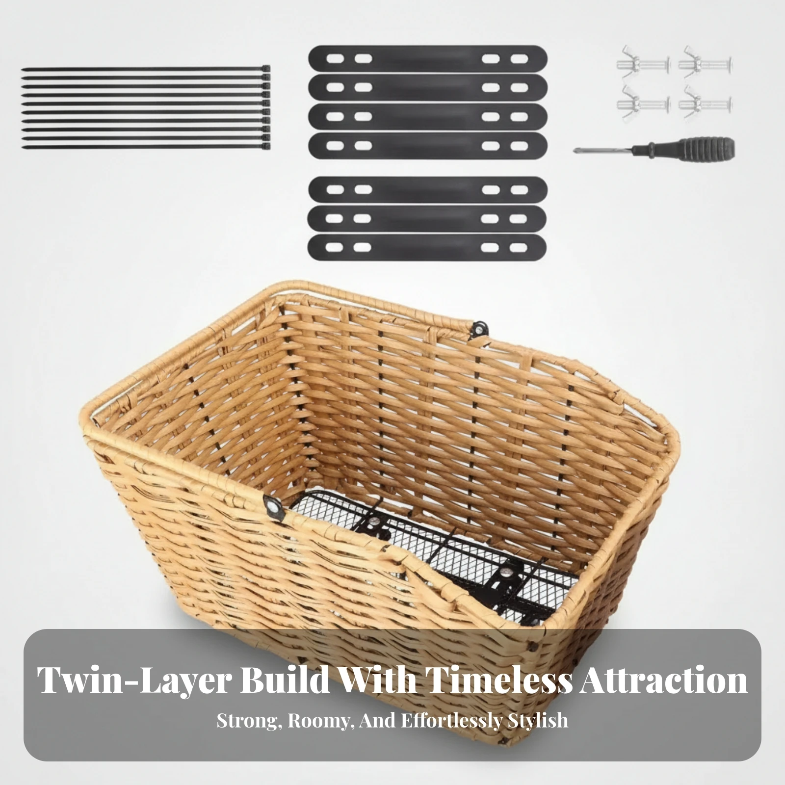 Plastic Bike Basket with Mounting Base Imitation Wicker Rattan Style Bike Basket Front-Mounted Long-Lasting for Commuters