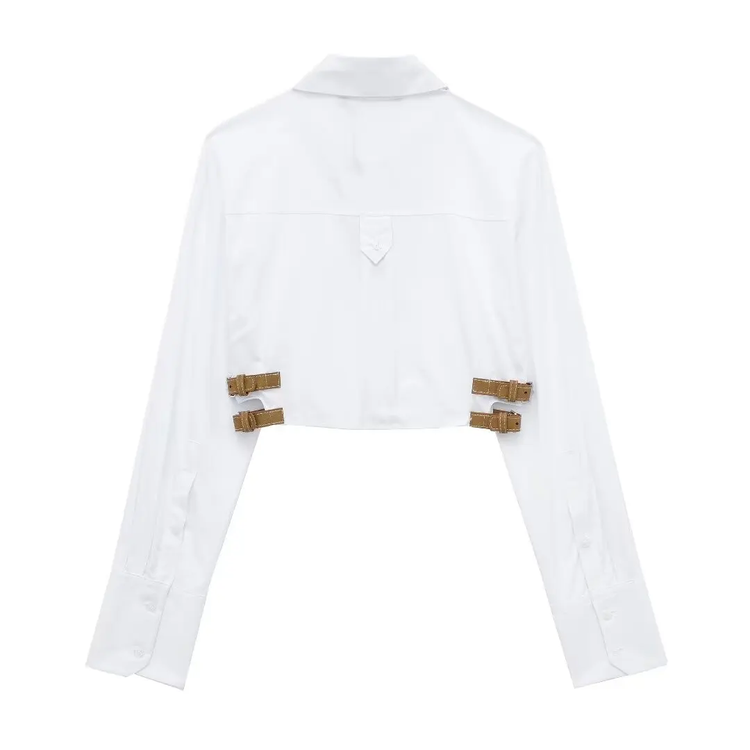 TRAF White Cropped Shirts for Women Belt Button up Shirt Woman Long Sleeve Shirts and Blouses Women Streetwear Collar Top Female