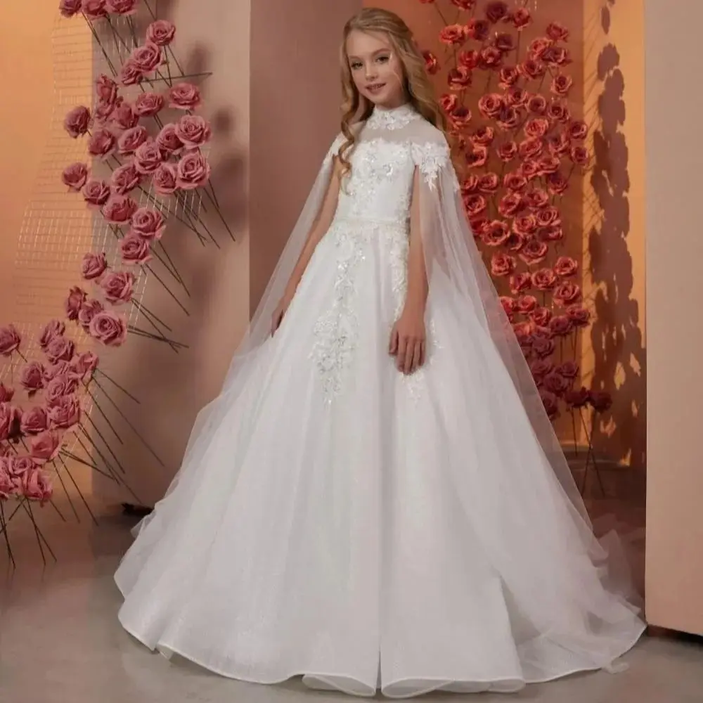 

White Flower Girl Dresses for Wedding Lace Appliques Floor Length Birthday Gowns for Photoshoot First Communion Gowns Customized