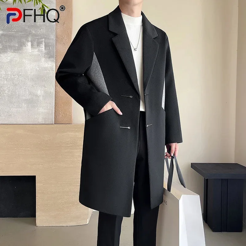 PFHQ Winter Men Medium Long Woolen Coat Korean Fashion Windbreaker 2024 Contrast Color Casual Male Tops Loose 21Z6552