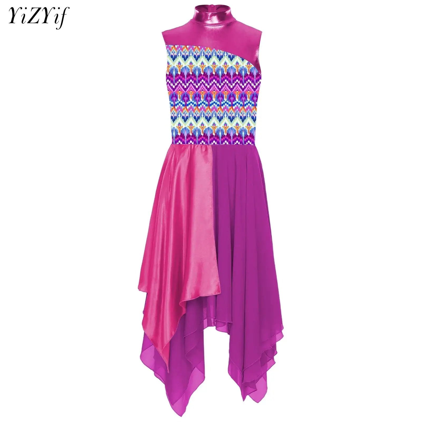 

Women Ballet Lyrical Dance Dress Sleeveless Print Patchwork Asymmetrical Chiffon Hem Liturgical Praise Worship Dresses Dancewear