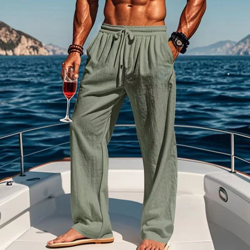 Men's Lightweight Breathable Linen Blend Pants with Drawstring Waist Loose Fit Beach Trousers