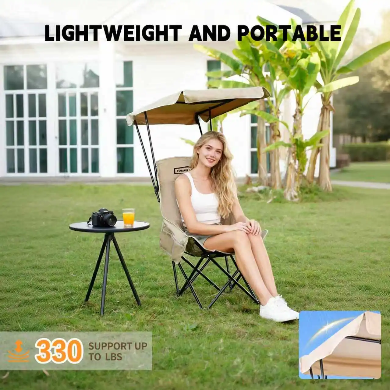 

Легкое складное кресло-шезлонг YOUNG WOOD для всех, портативное кресло для кемпинга и пляжа с навесом, легко открывается и закрывается.