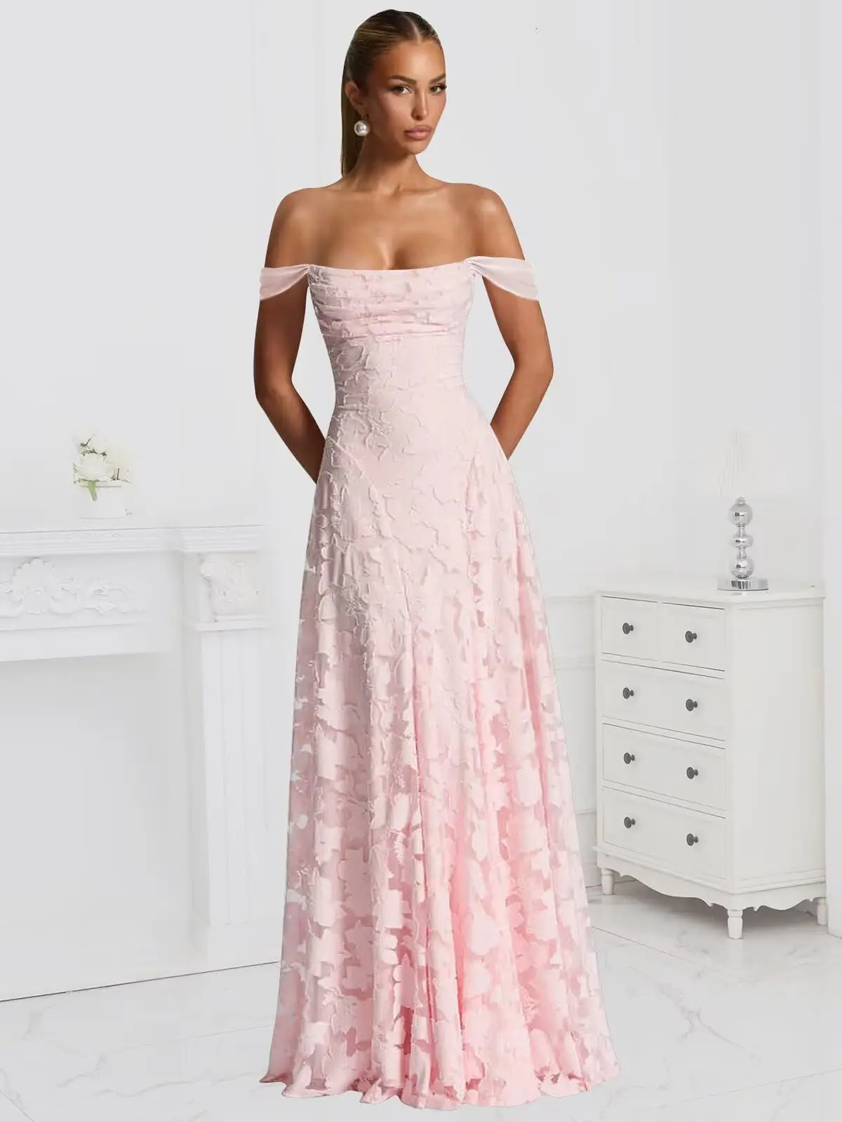 

Floral Bridesmaid Dresses for Women Long Off The Shoulder A Line Cowl Neck Formal Wedding Guest Dress