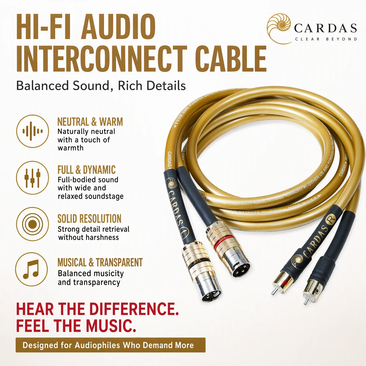 CARDAS 5-Core HiFi Audio Interconnect Cable, RCA Male to XLR Female Audiophile Signal Wire, for DAC CD Player Amplifier