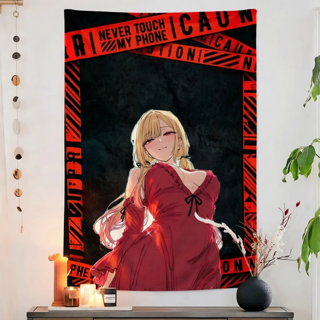 Grunge Dark Anime Girl Tapestry Blonde Twin Tail Red Dress Warning Tape Phone Print Wall Hanging Teen Girls Dorm Bedroom Decor