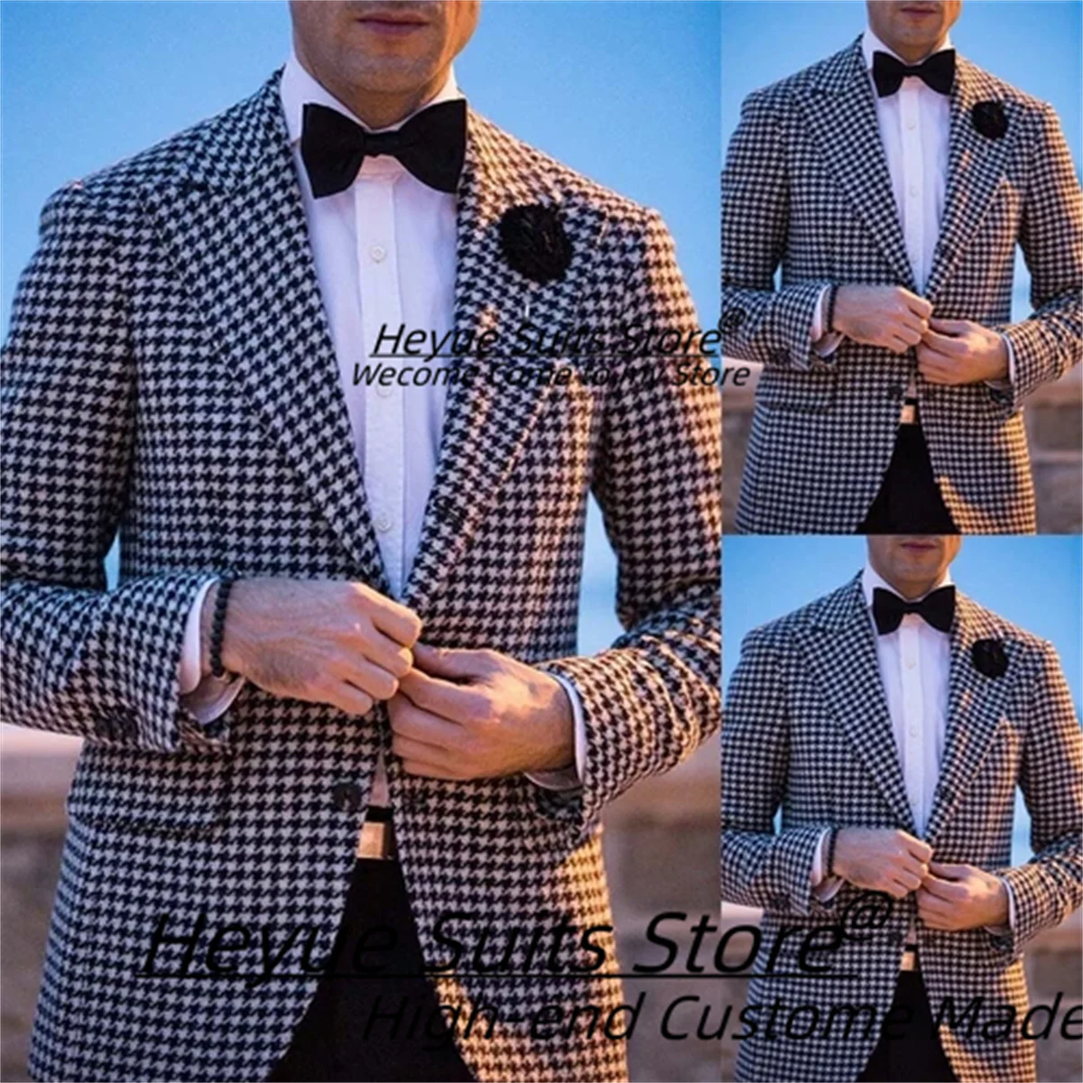 

High-qublity houndstooth Men Suits Customized Slim Fit Peak Lapel Groom Wedding Tuxedos 2 Pcs Sets Male Prom Blazers Ropa Hombre