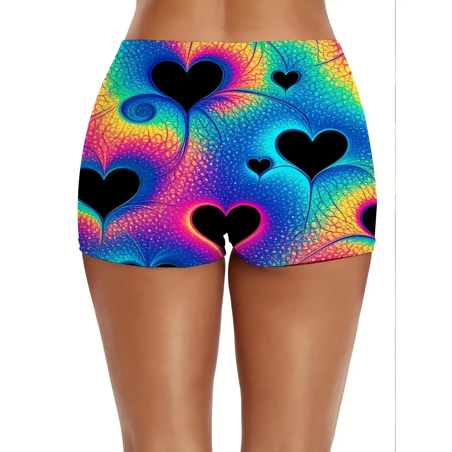 

Женские узкие шорты больших размеров на День святого Валентина | Полный печатный многоцветный узор в виде сердца и фрактальный дизайн для вечеринки, легкой пляжной йоги