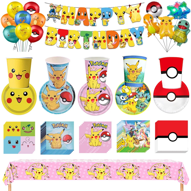 Pokemon Birthday Party Decoration Pikachu Balloons Disposable Tableware Cup Napkin Plate Tablecloth Baby Shower Cake Topper Flag