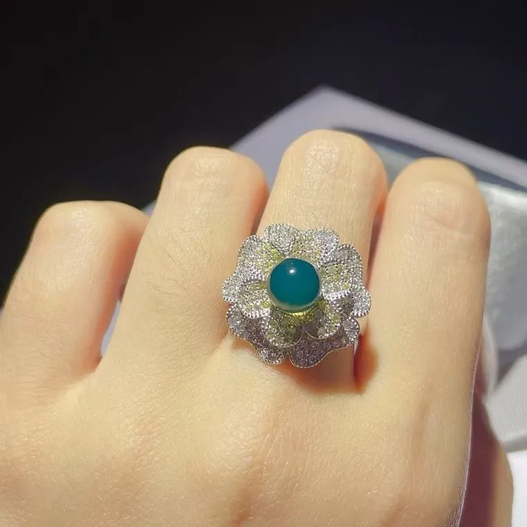 

Niche Certificate 925 Silver Camellia Ring With Natural Mexican Blue Amber 7MM Tulip Daffodil Peony Female Gift Charming Jewelry