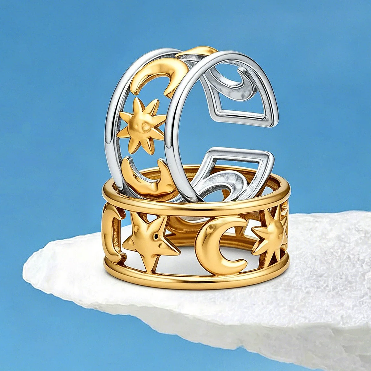 Sun Moon Stars Stainless Steel Adjustable Open Ring For Women Bohemian Celestial Statement Finger Jewelry Gift Daily Wear
