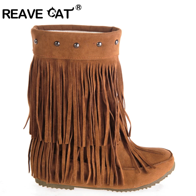 REAVE CAT Women's 2 Layer Fringe Tassels Flat heel Half knee high Boots fur Shoes Big Size 34-47 Snow Boots Zapotos