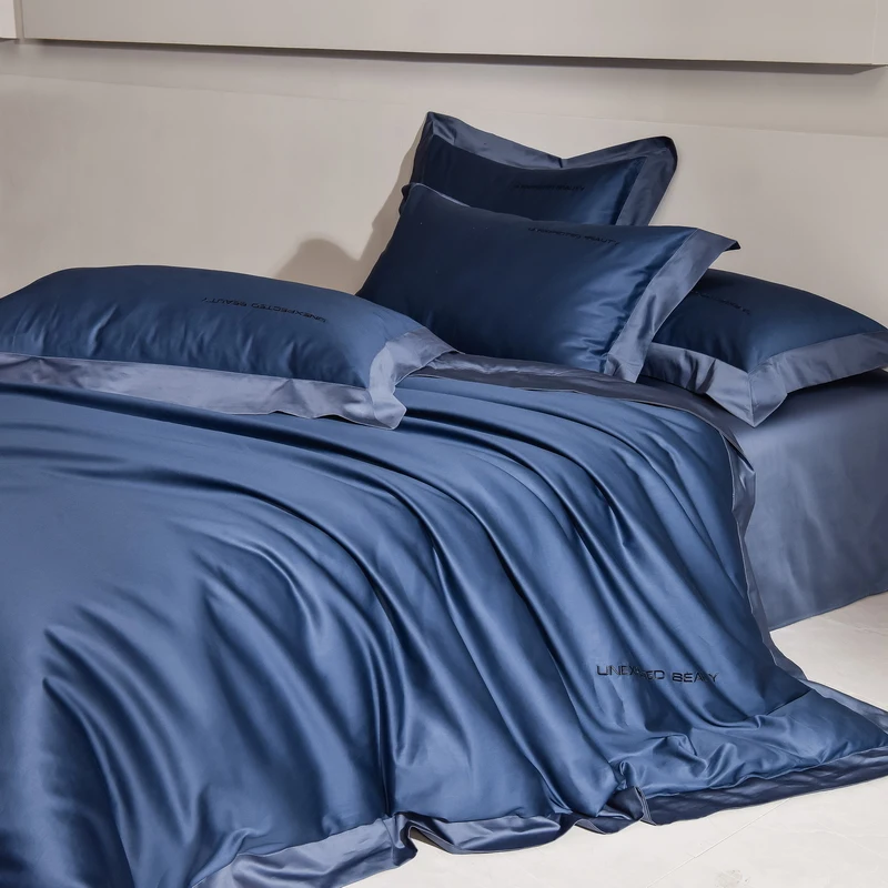

Solid Color Embroidery Bedding Set Luxury 100% Cotton Blue Duvet/Quilt Cover Fitted Bed Sheet Pillowcases Mattress Cover