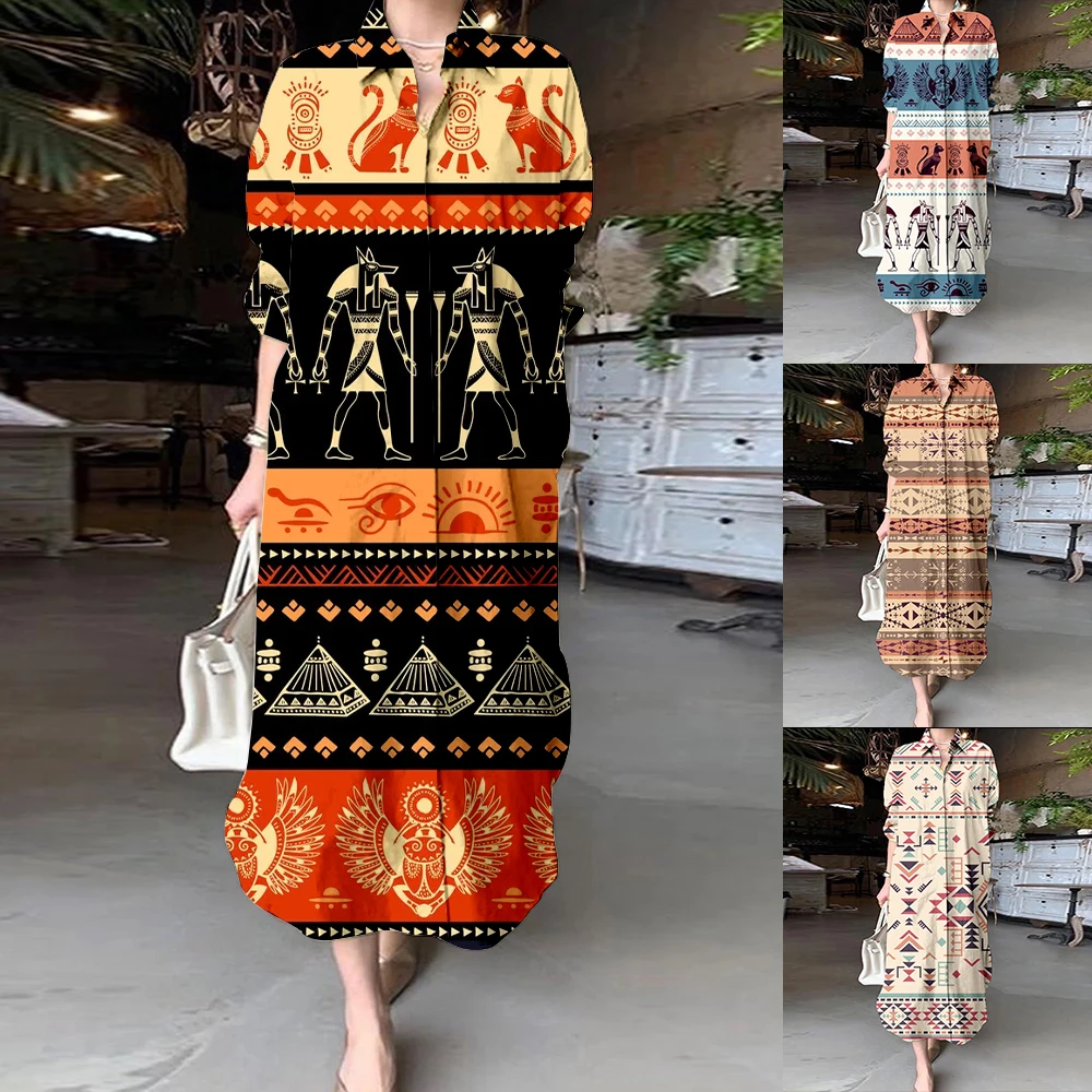 Autumn Vintage Tribal Ethnic Print Long Sleeve Shirt Dress Elegant Classical Party Evening Dresses 2023 A-Line Lapel Women Robe