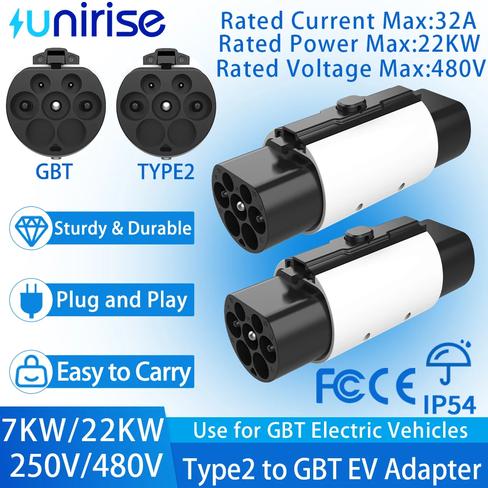 Unirise 32A Type2 to GB/T EV Adapter for Type 2 charger Converter EU IEC 62196 Fit with Electric vehicles BYD MG4 Fast charging