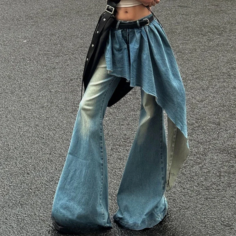 

French blue fake two-piece jeans women spring and autumn new retro niche design sense irregular skirt flared pants wide-leg pant