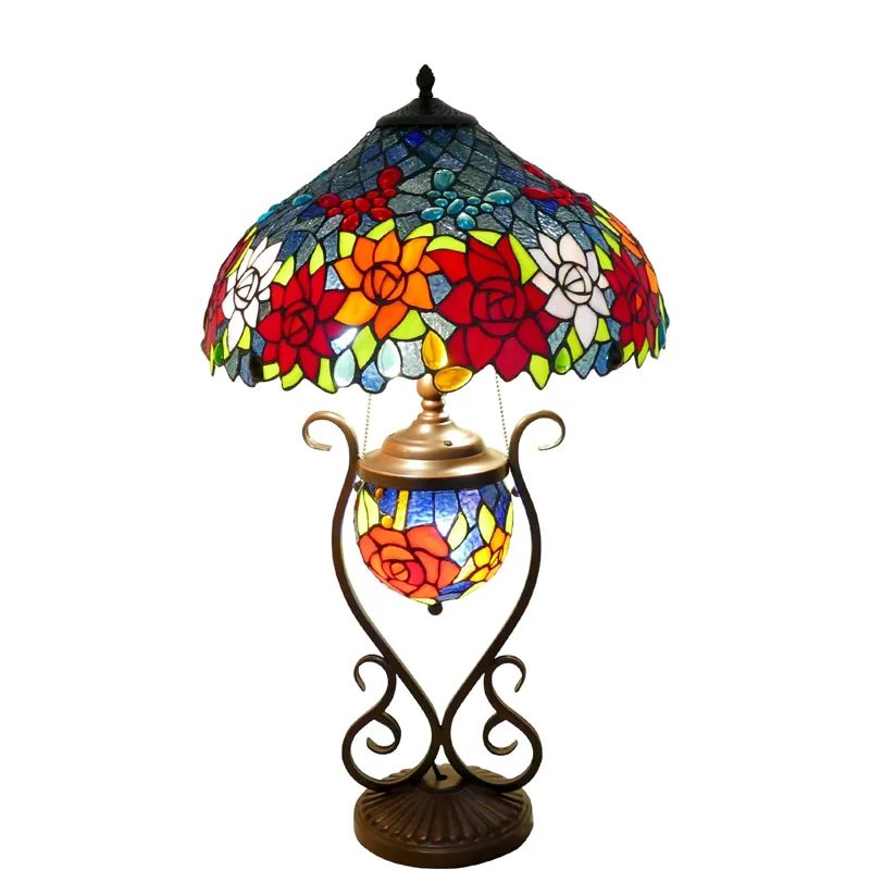 

Настольная лампа в стиле «Бабочка и Роза» Тиффани, большая, с витражным стеклом и металлическим основанием, для спальни, гостиной, домашнего офиса
