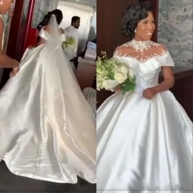 Vestidos de novia de talla grande personalizados, vestido de novia modesto de satén con cuello transparente y encaje, vestidos de novia campestres con tren de conteo