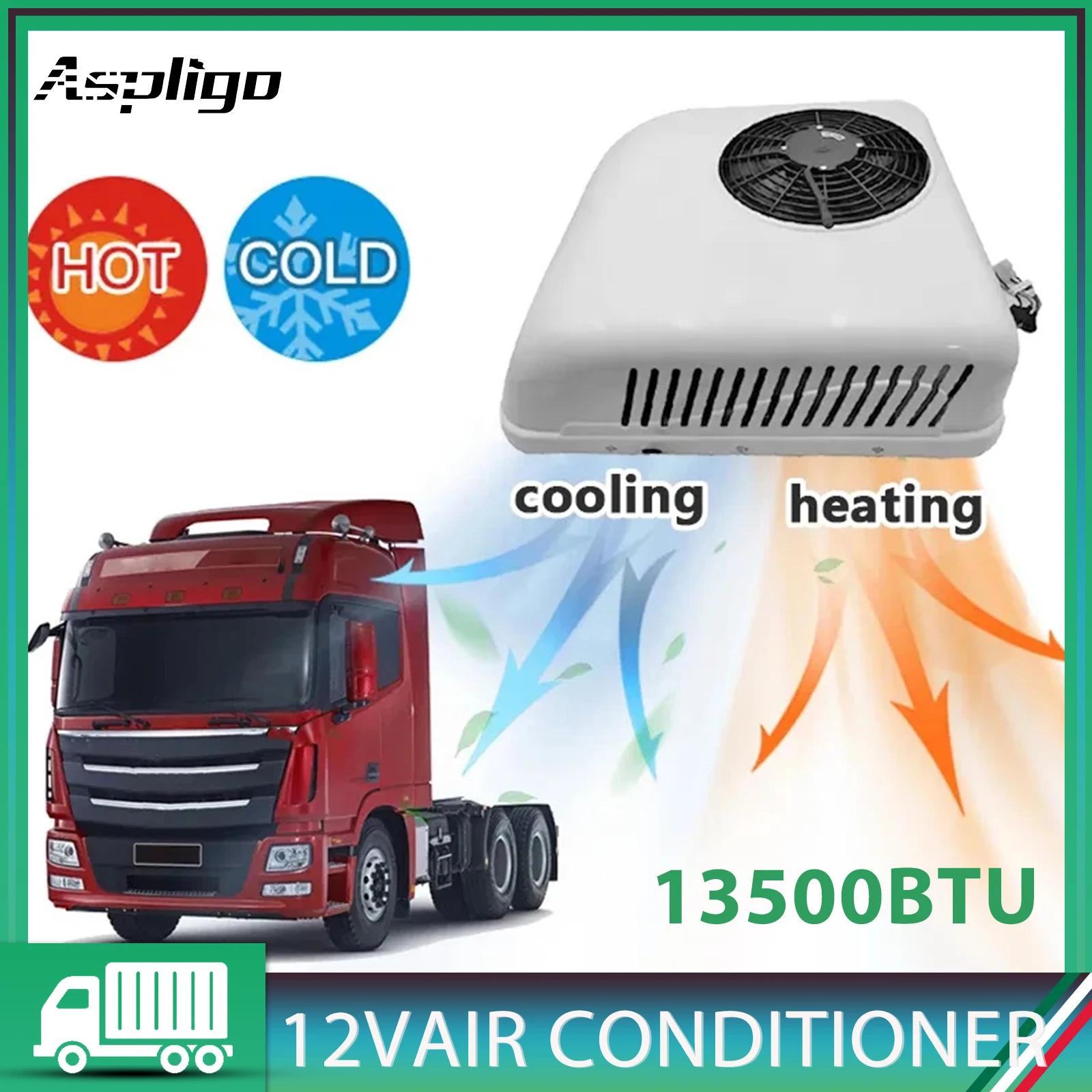 

Aspligo Universal 12V 13500Btu Parking Electric Air Conditioner RV Heat & Cool System For Camper Truck Motorhome Caravan Tractor