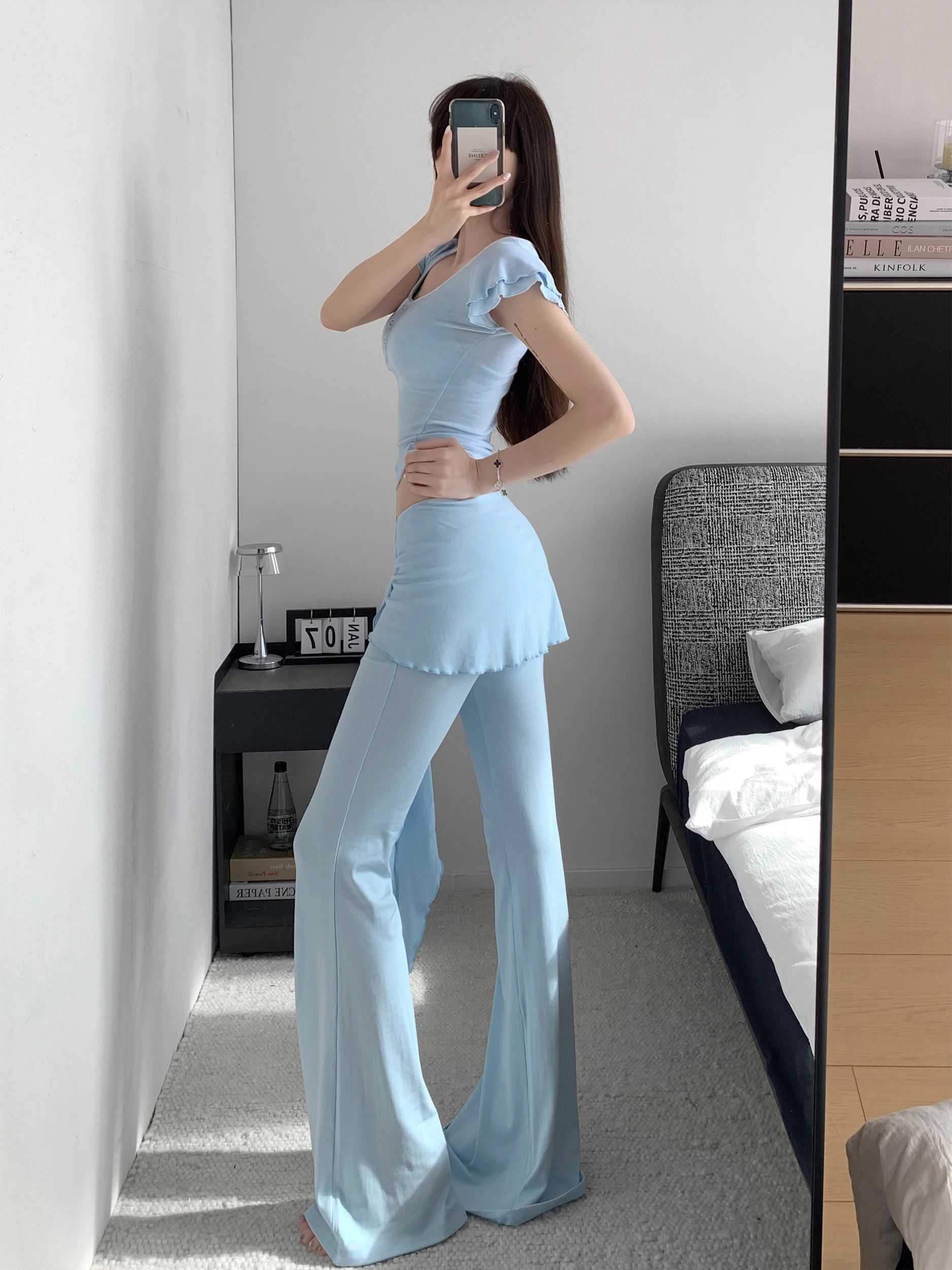

Zhang Zi White Women's Slimming Yoga Sensation Fake Two-Piece Side Pleated Flared Pants Drapey Long Summer Casual Trousers