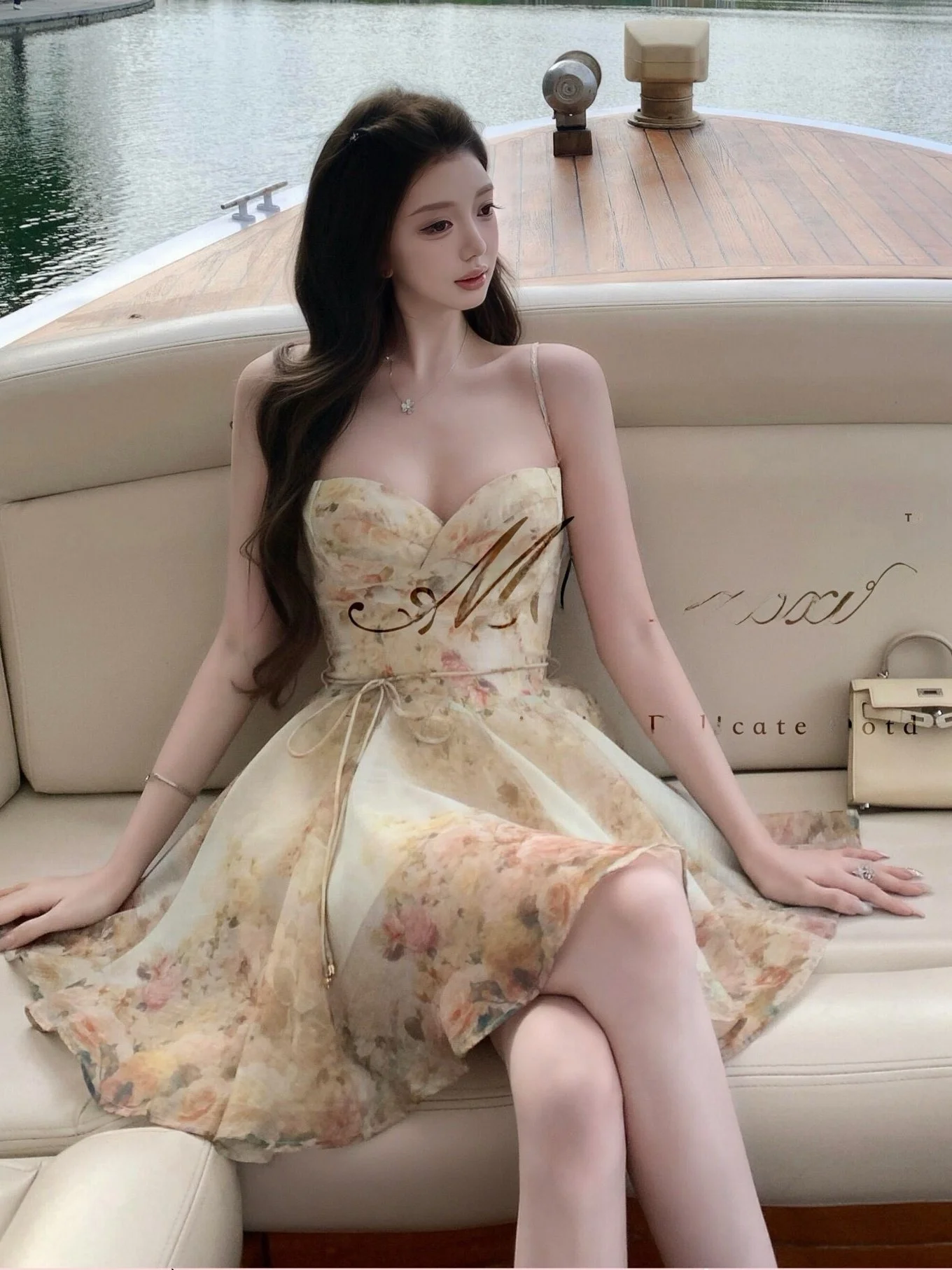 

Spring Dream Floral Print Sash Oil Painting Sweet Fairy Skirt Waist Cinching Strap Puffy Sleeve Dress Casual Summer Gown