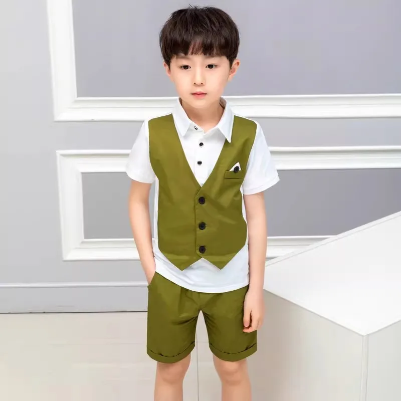 Low Price Clearance Stock Sale Boys Summer 2Pieces/Set Vest Shorts Photography Suit Kids Ring Bearer Dress Children Host Costume