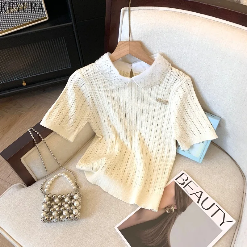 2024 Spring/Summer Short Sleeve Sweater Women Knit T-shirts Gentle Lace Peter Pan Collar Slim Fit Pullover Knitwear Crop Tops