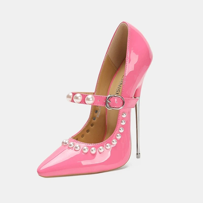 2025 جديد وصول 16 سنتيمتر المتطرفة المعادن عالية الكعب الخناجر مثير اللؤلؤ الكاحل حزام النساء مضخات الوثن نموذج SM مثلي الجنس للجنسين الأحذية