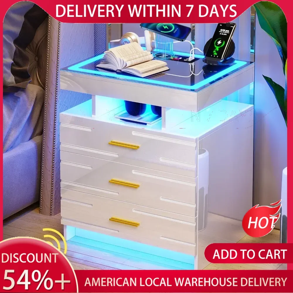 Bedroom Furniture Glass With Touch Screen Bedside Table RGB LED Bedside Table With Charging Station Home