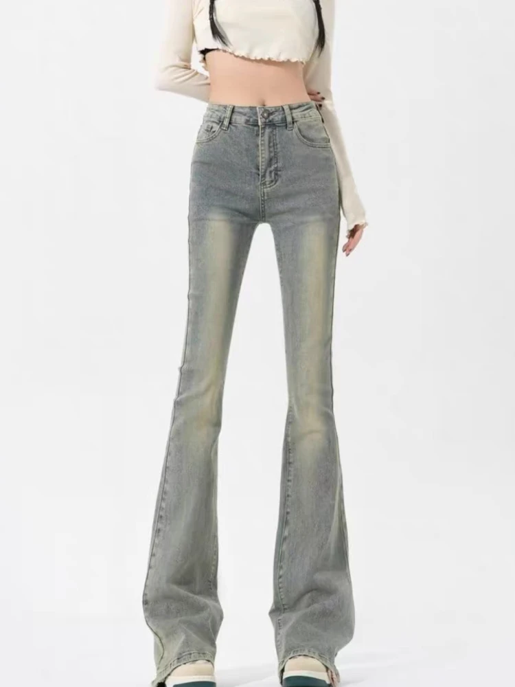 Retro jeans feminino fino ajuste calças de rua alta elegante commute primavera macio estilo europeu chique casual básico outono comprimento total