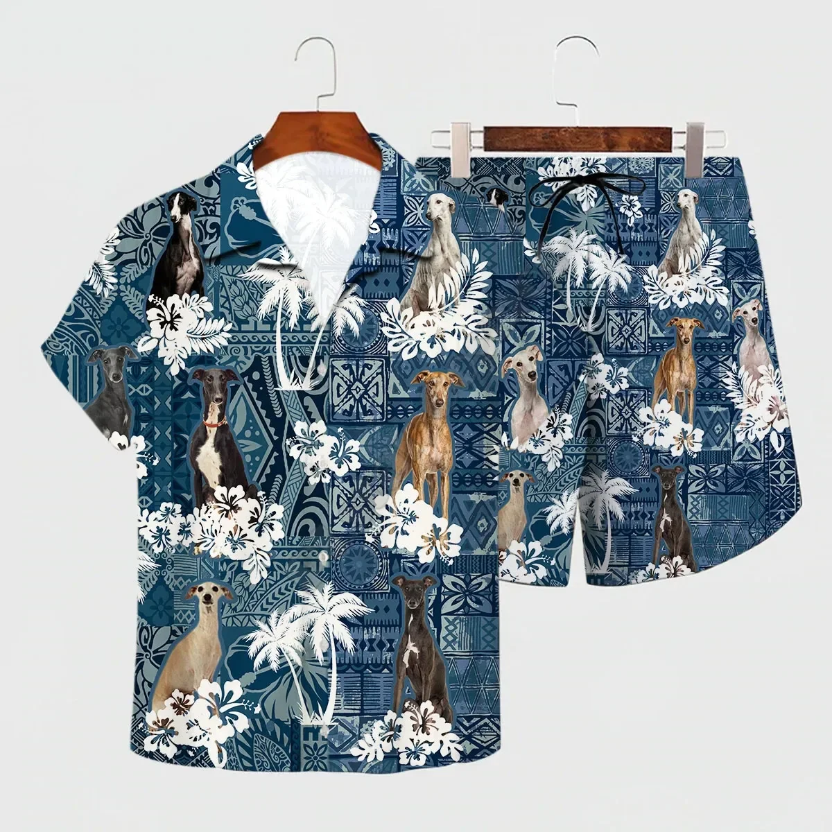 Conjunto Hawaiano de Galgo para hombre y mujer, camisa hawaiana con estampado 3D, pantalones cortos de playa, ropa divertida para perros, ropa para amantes, Verano