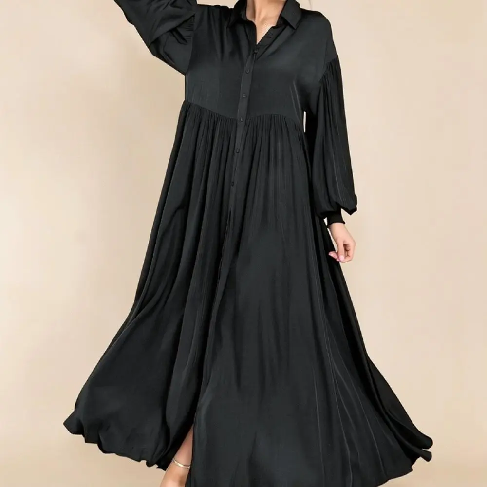 2026 New Women Dress Long Sleeve Pleated Maxi Lapel Button Down Solid Color Loose Casual Elegant Retro Style Vintage Wear