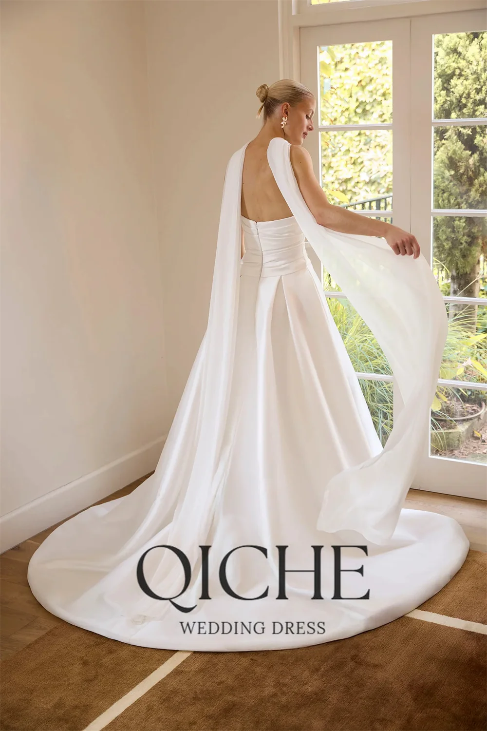 QICHE Modern Satin A-Line Wedding Dresses With Shawl Strapless Pleat Open Back Slit Bridal Gown Customized Vestidos De Novia
