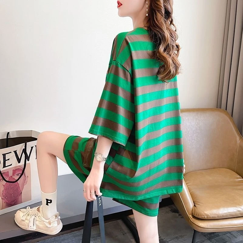 Casual Loose Women Two Piece Set 2026 Striped Short Sleeve Shorts New Chinese Style Fashionable New Style Slimming Fresh One Set