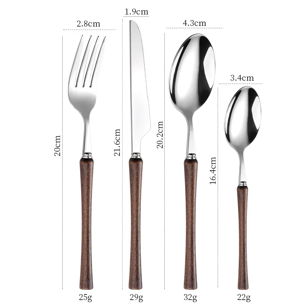 16/24pcs Cutlery Set Utensils 304 Stainless Steel Wooden Handle Fork Spoons Knife Dinnerware Tableware Sets Dishware Safe Gift