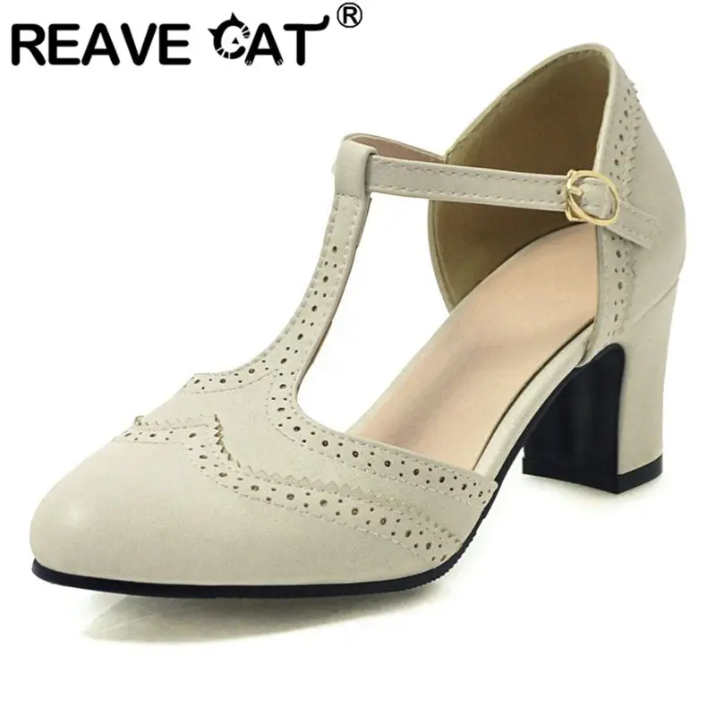 

REAVE CAT Beige Women Sandals Round Toe 6.5cm Chunky Heel Buckle T-Strap Big Size 41 42 43 Sweet Daily Mary Janes Shoes Footwear