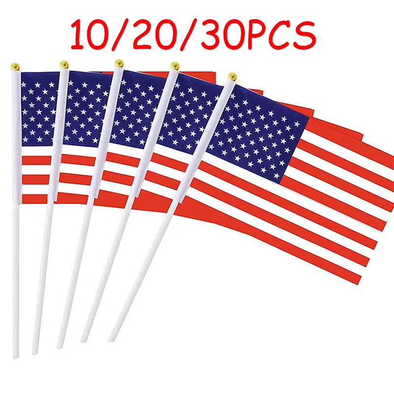 10/20/30PCS Hand Held Small Flag USA US Flag Top Flags HandHeld Mini Flag Ensign Pole United States Hand Held Stick Flags Banner