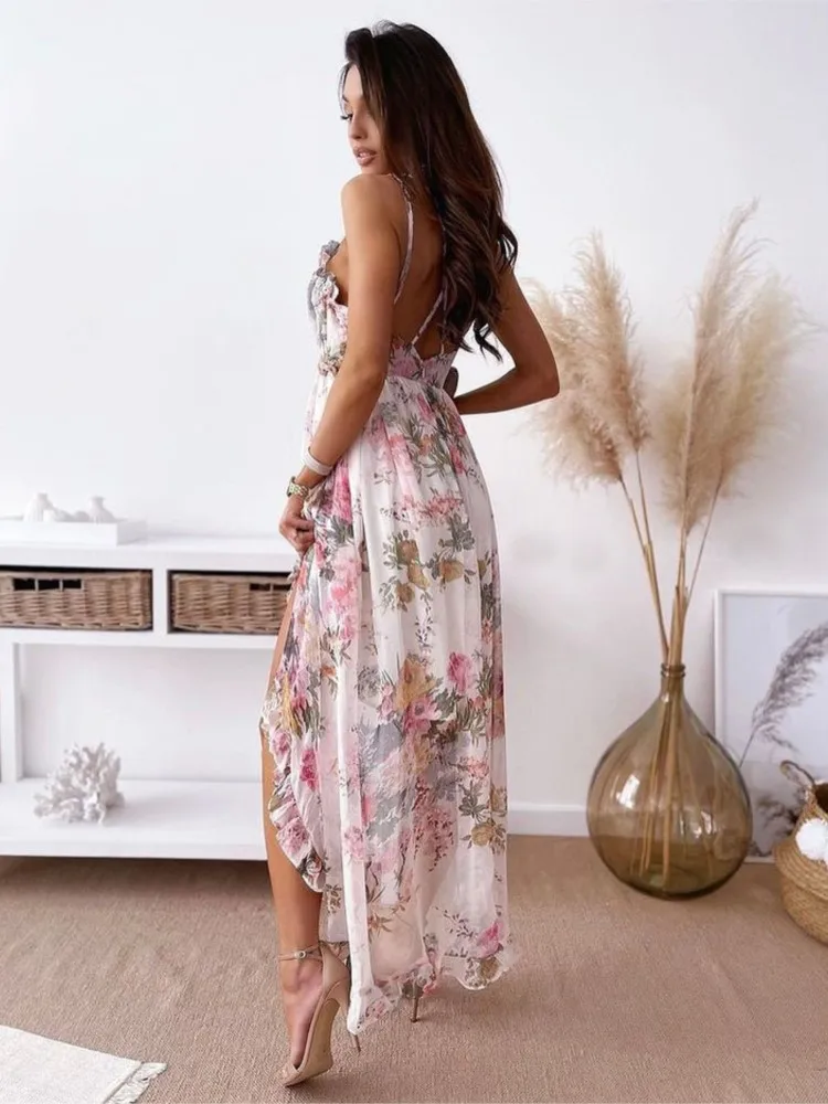 Vestidos de gasa con estampado de flores y tirantes finos para mujer, vestido Sexy con cuello en V y volantes sin espalda, vestido Irregular bohemio para vacaciones en la playa