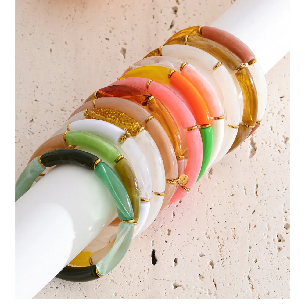 Yhpup 2PC 60mm Spring Summer Resin Acrylic Tubular Candy Bracelet Bangle Waterproof Stainless Steel New Arrival Handmade Jewelry