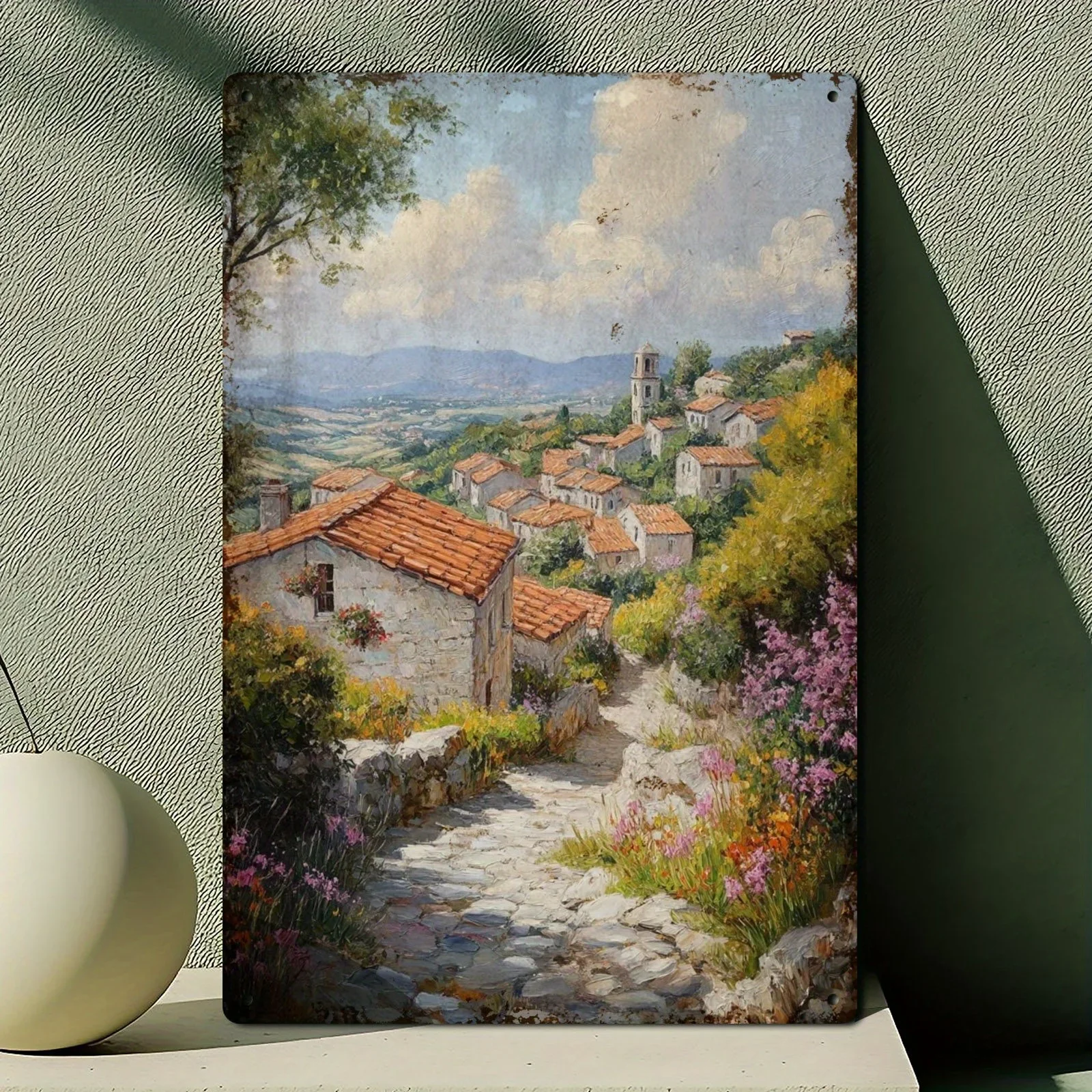 Panneau metallique en étain de Village الأوروبي surréaliste خمر، 12x8 أكياس، peinture à l'huile dekampane italienne ru