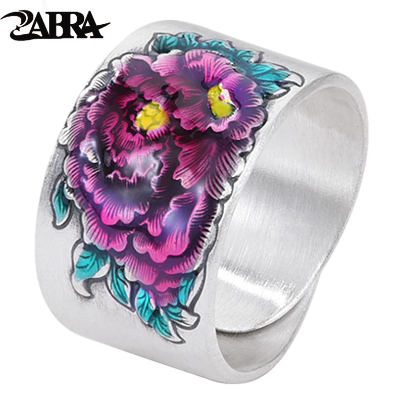 ZABRA 999 Pure Silver Enamel Peony Ring for Women, Light Luxury, Premium, Wide Edition, Finger Ring Gift